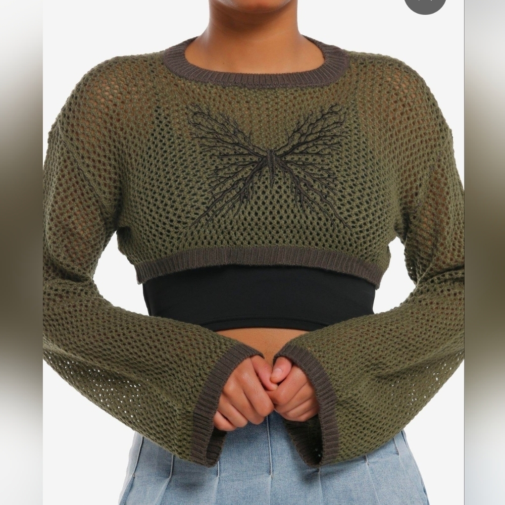 Thorn & Fable Tree Butterfly Knit Crop Sweater Juniors XL Green Black